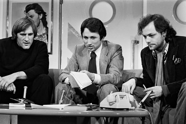 Avec Michel Drucker et G&eacute;rard Depardieu sur le plateau des "Rendez-vous du dimanche", janvier 1978