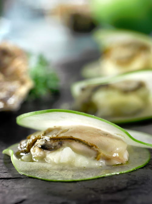 Ravioles aux pommes Granny Smith, huîtres et céleri rave