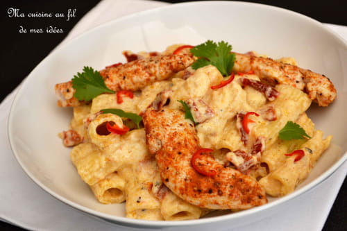 Pâtes rigatoni et poulet au fromage, tomates séchées et piment