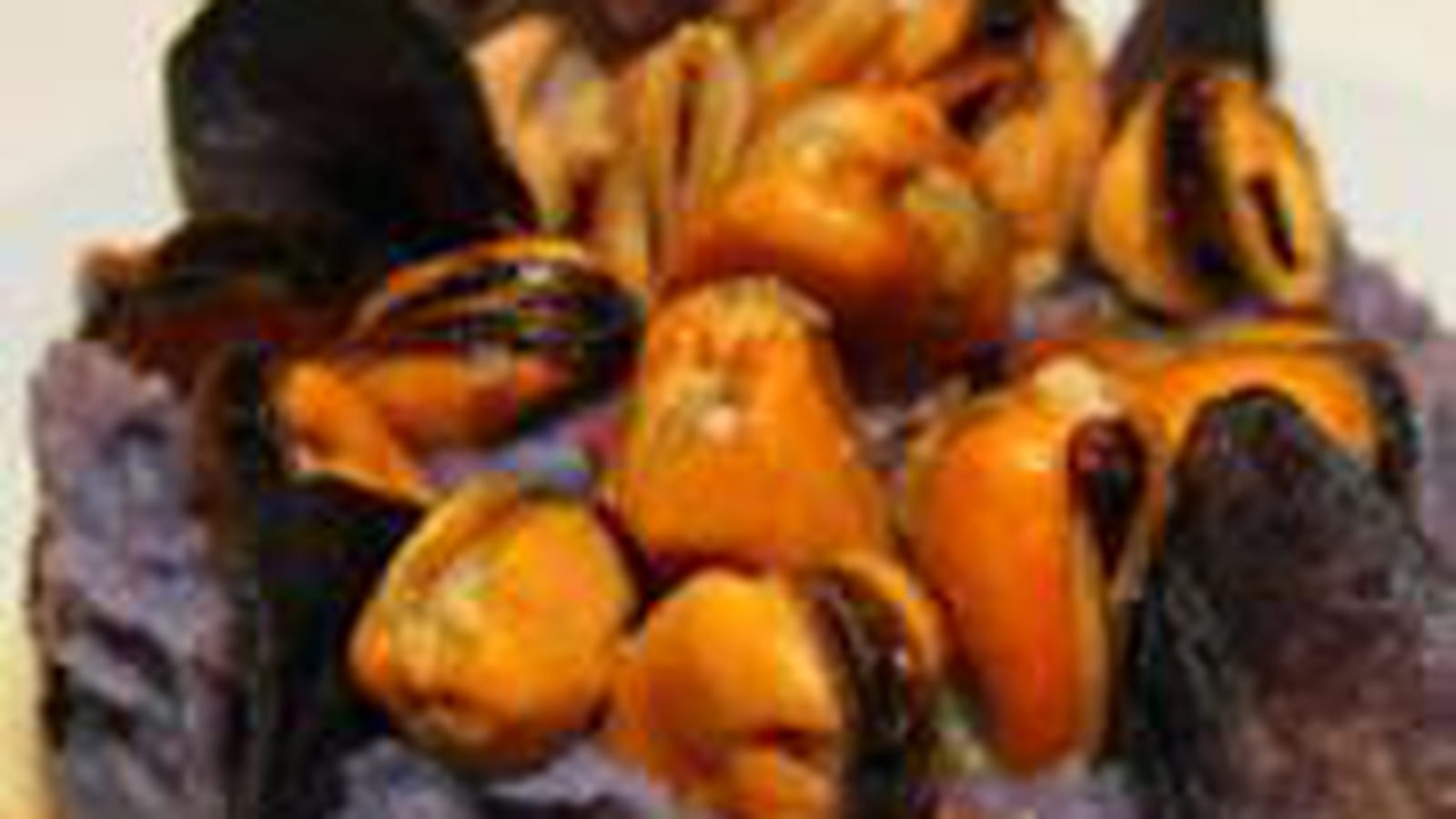 Parmentier de vitelotte et moules, sauce safranée