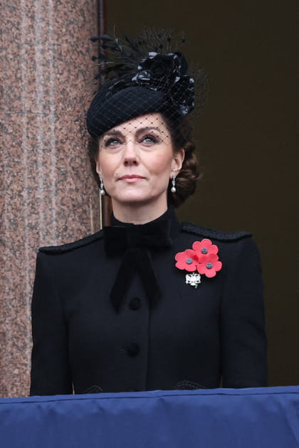Kate Middleton en manteau et chapeau à voilette noir