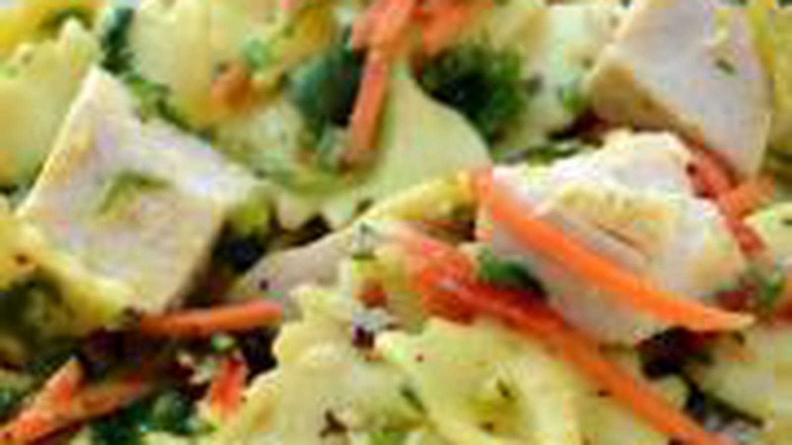 Salade de pâtes au poulet, vinaigrette moutarde et curry