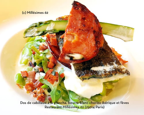 Dos de cabillaud à la plancha, beurre blanc chorizo ibérique et fèves