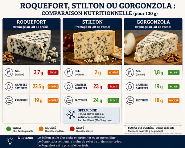 Comparaison nutritionnelle fromage roquefort, stilton et gorgonzola