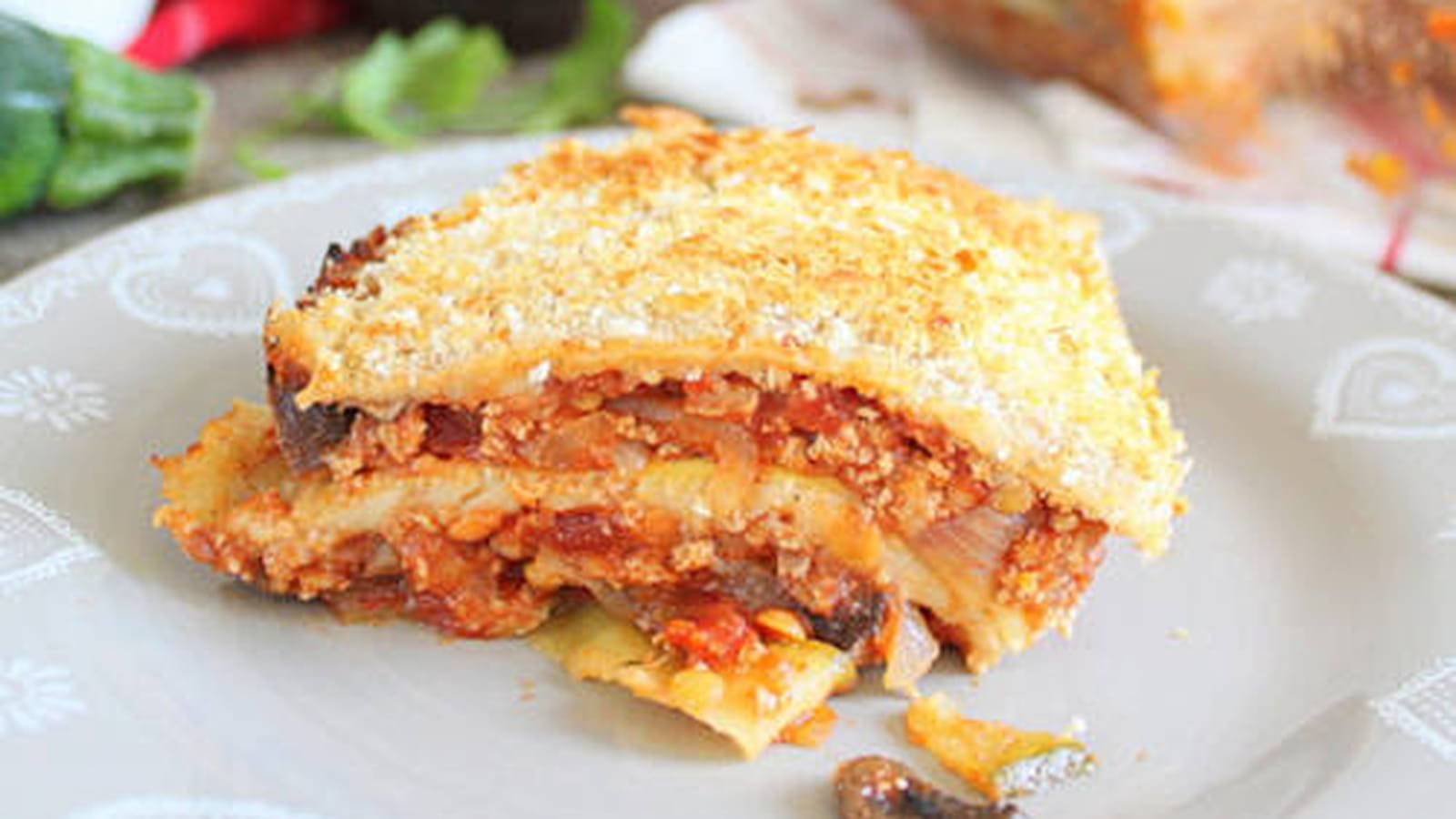 Lasagnes de courgettes, sans pâte, aux lentilles, tofu et champignons shiitaké