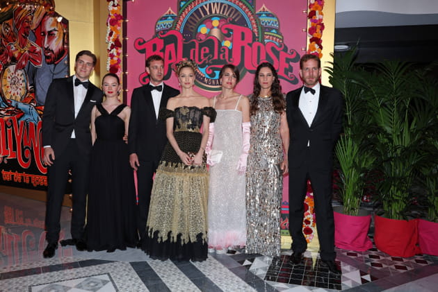 Ben Sylvester Strautmann, Princesse Alexandra de Hanovre, Pierre Casiraghi, Beatrice Borromeo, Charlotte Casiraghi, Tatiana Santo Domingo et Andrea Casiraghi assistent au Bal de la Rose 2023