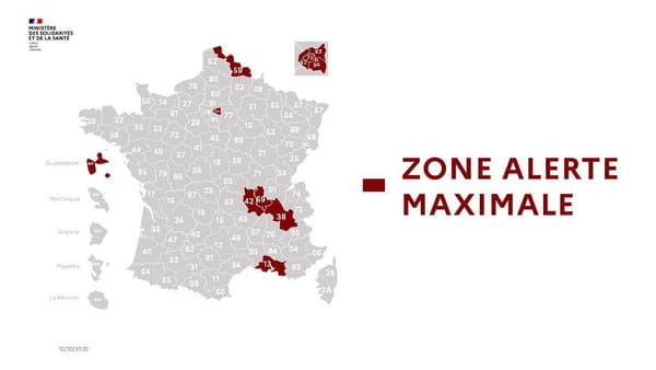 Carte des zones en alerte renforcée (couleur noire) au 6 octobre 2020