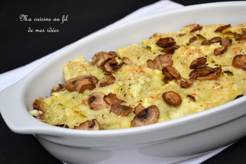 Gratin de raviolis ricotta-basilic aux champignons de Paris