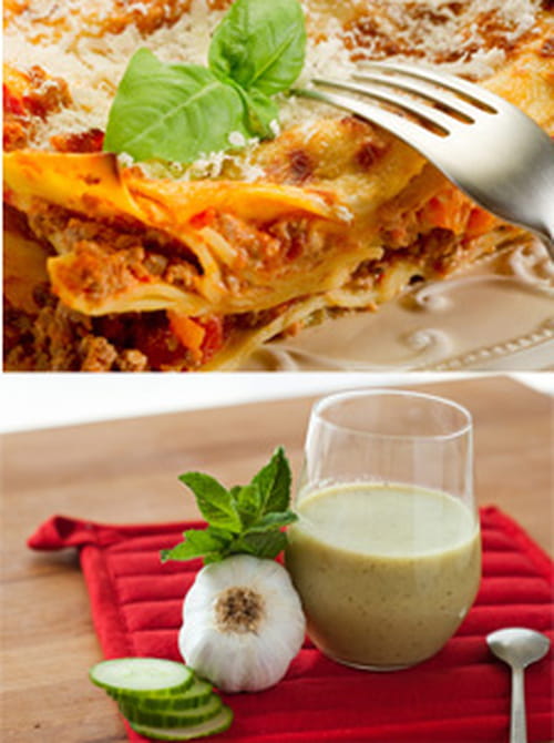 Soupe froide de concombre & menthe et lasagnes