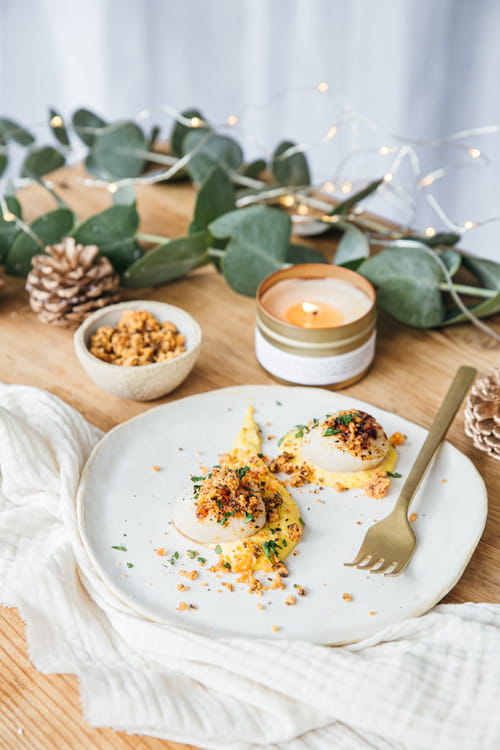 Saint-Jacques et sa crème de maïs, crumble de chorizo