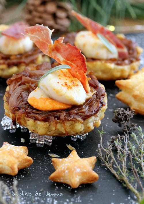 Tatin d'échalotes caramélisées et sa coquille Saint-Jacques au beurre de sauge
