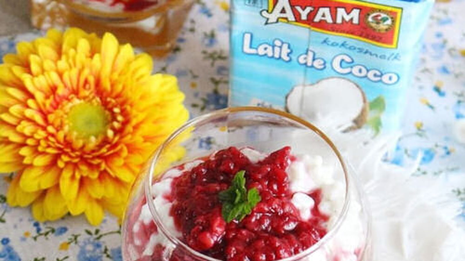 Riz au lait de coco, purée de mangue et brisures de framboises