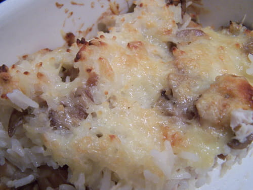 Gratin de riz au poulet et champignons