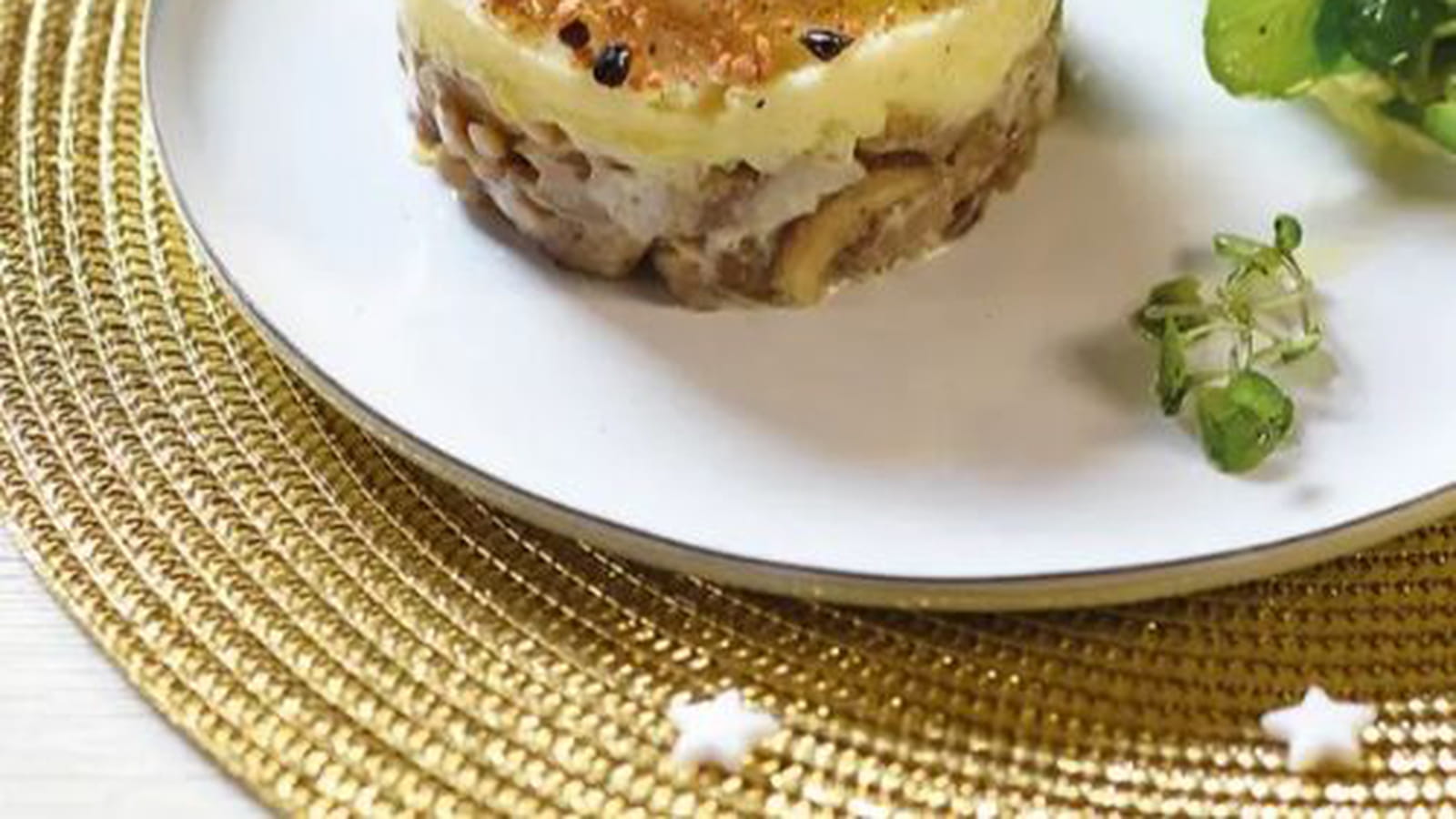 Parmentier de Chérie, châtaignes et cèpes au grue de cacao