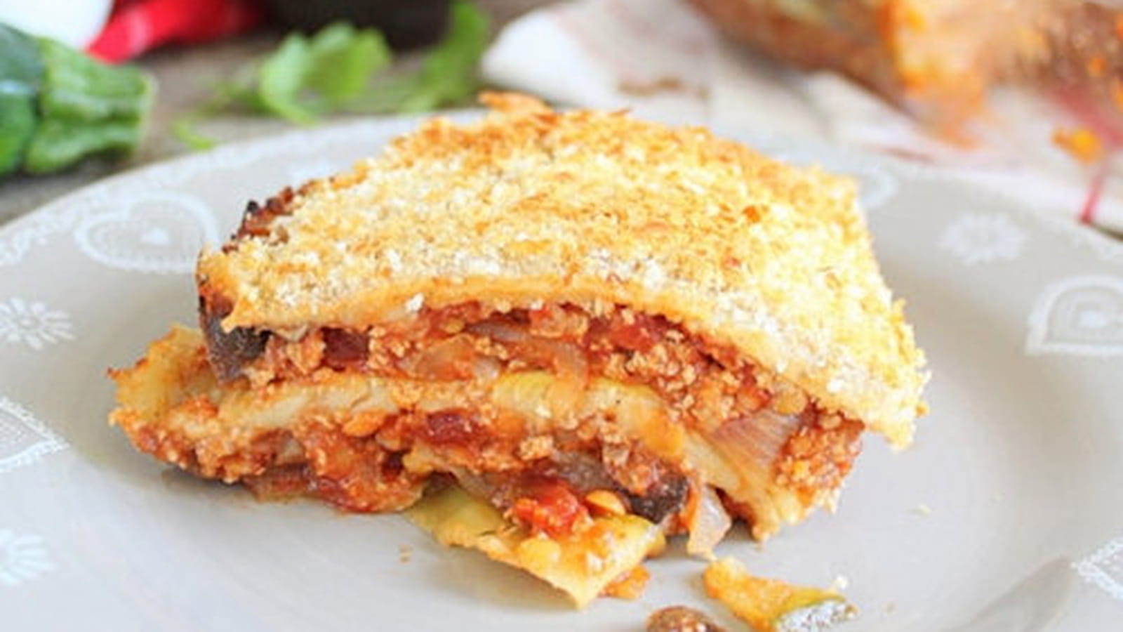 Lasagnes de courgettes, sans pâte, aux lentilles, tofu et champignons shiitaké