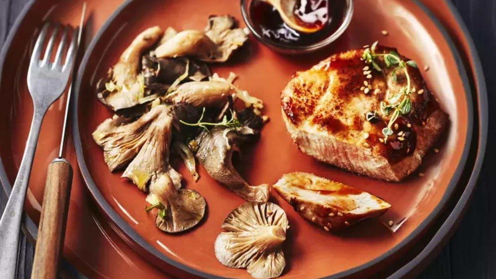 Pavés de veau sauce teriyaki, pleurotes et endives braisées