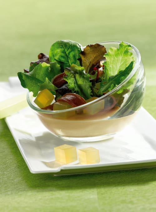 Panna cotta de foie gras, jeunes pousses, émincés de magret fumé et cubes de gelée pomme Calvados