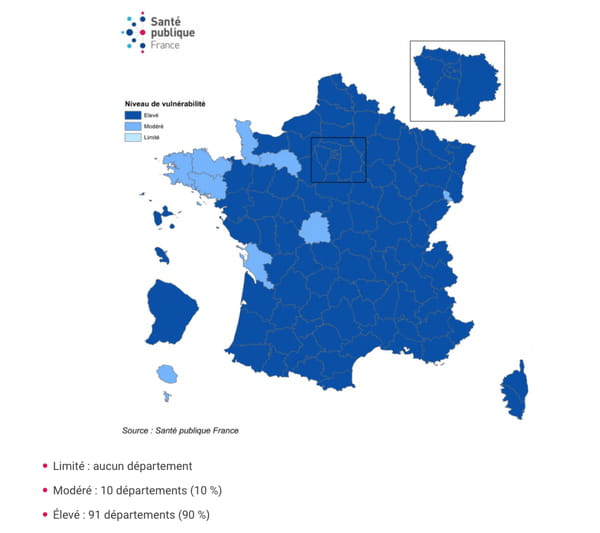 Niveau de vulnérabilité par département et évolution, France, au 8 octobre 2020