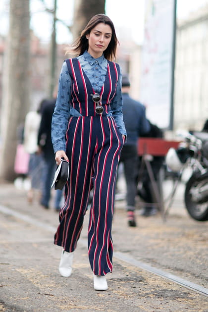 Street style &agrave; Milan : la combinaison ray&eacute;e