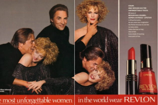 Melanie Griffith et son mari Don Johnson posent pour une campagne Revlon