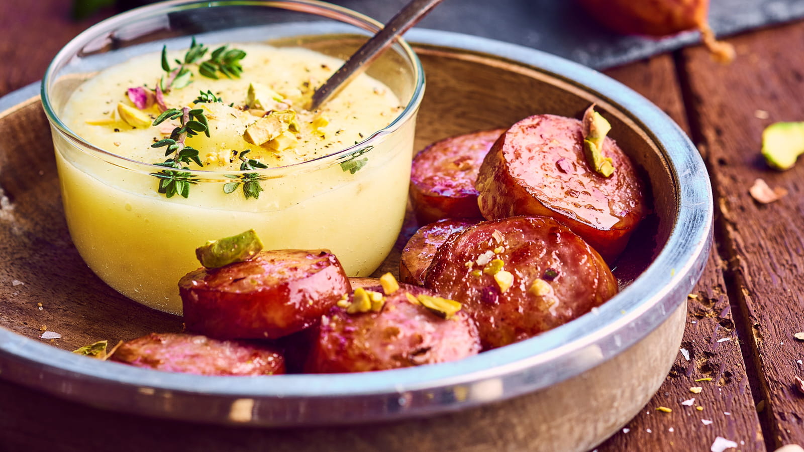 Saucisses de Montbéliard à la pistache et purée de panais