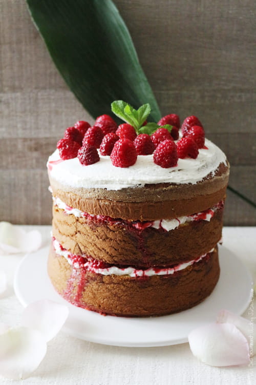 Chiffon cake aux framboises et sirop de framboises-roses