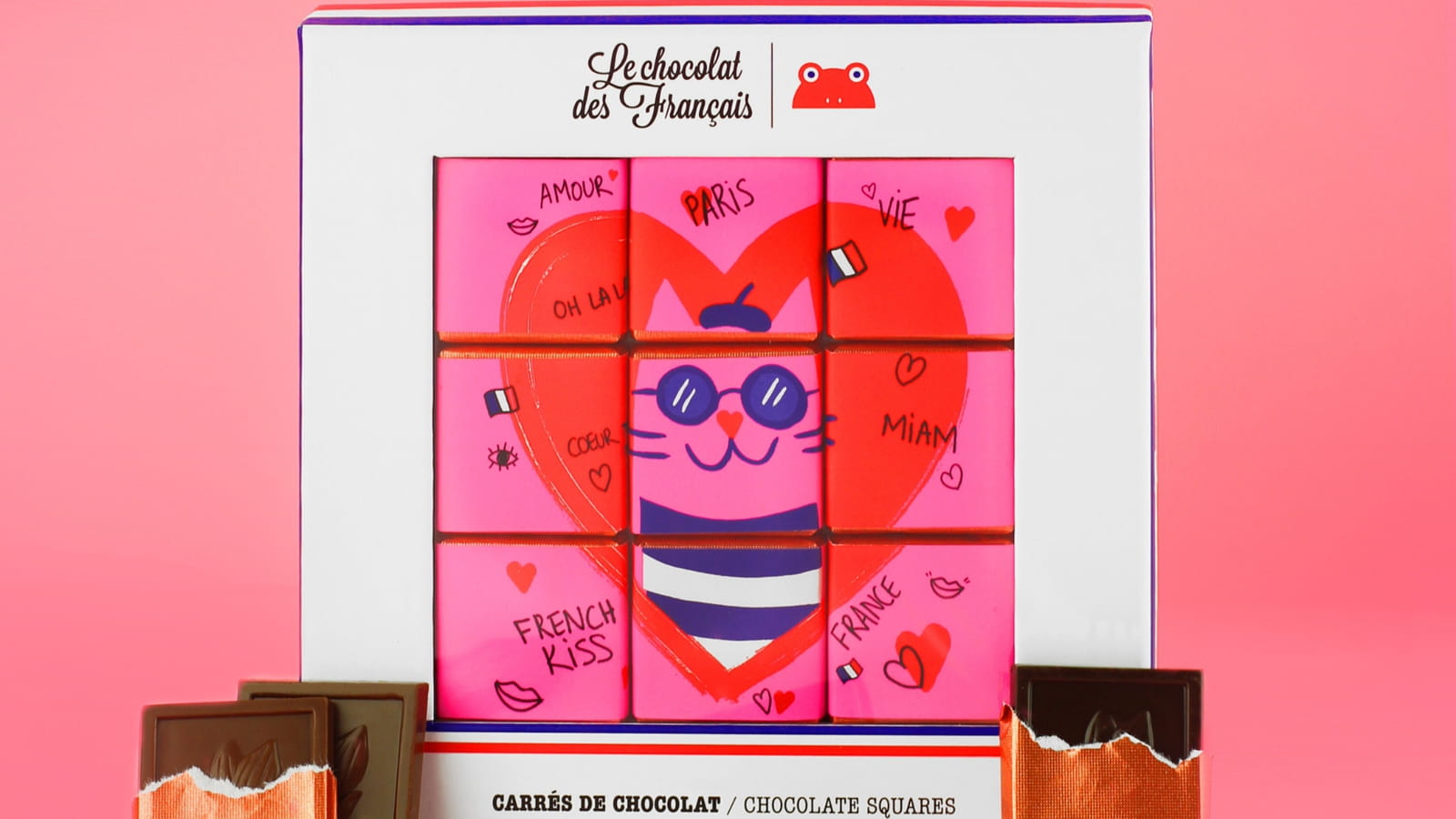 Le coffret Chat Valentin de 9 carrés de Le chocolat des Français