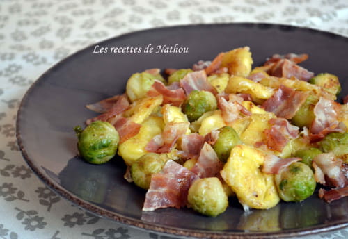 Tortellini et choux de Bruxelles poêlés au lard et parmesan