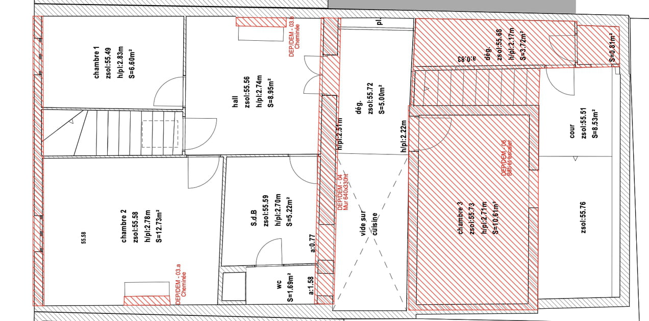 Le plan du 2e &eacute;tage rez-de-jardin avant travaux