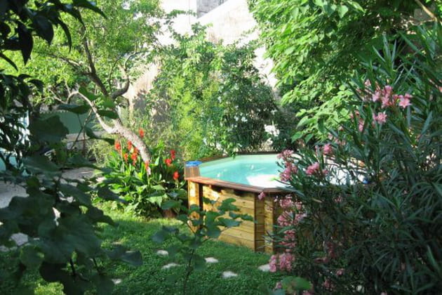 Piscine en bois dans &eacute;crin de verdure
