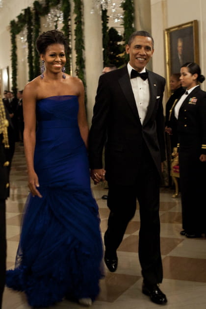Michelle Obama en robe bustier bleue Vera Wang
