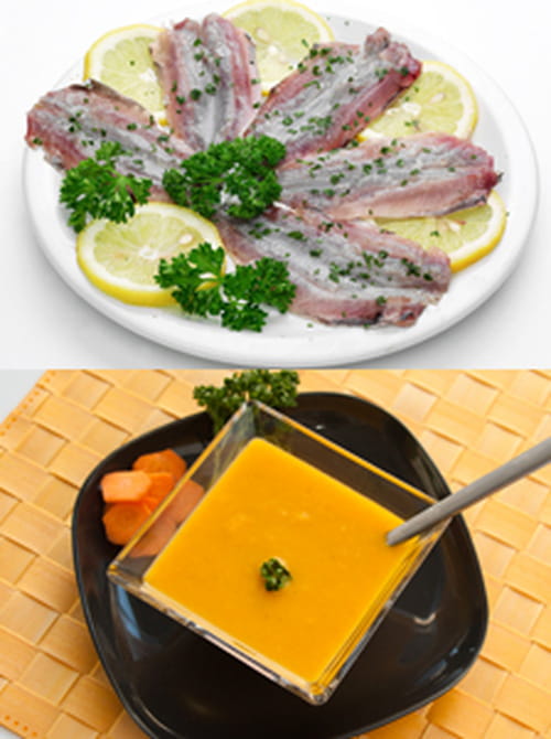 Soupe froide de carotte orange & coriandre accompagnée de ses filets de sardines