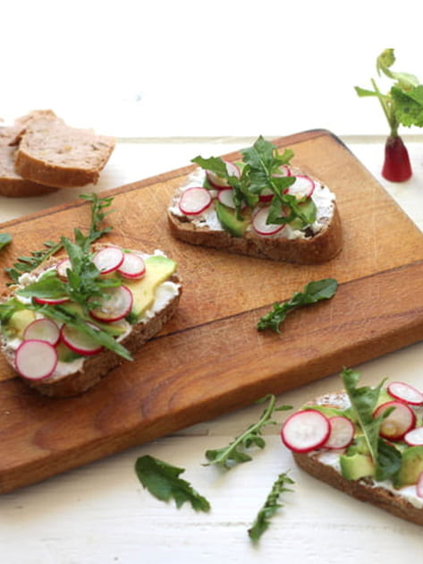 Bruschetta radis, avocat et pissenlit