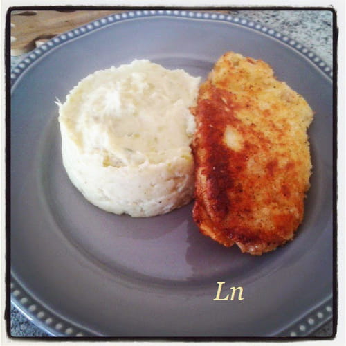 Escalope de porc façon schnitzel et sa purée de pommes de terre aux choux de Bruxelles