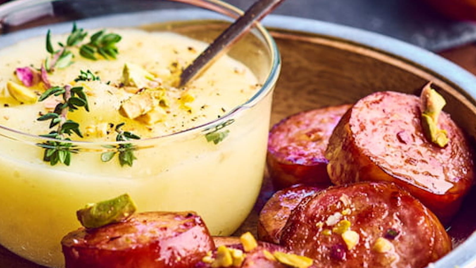 Saucisses de Montbéliard à la pistache et purée de panais
