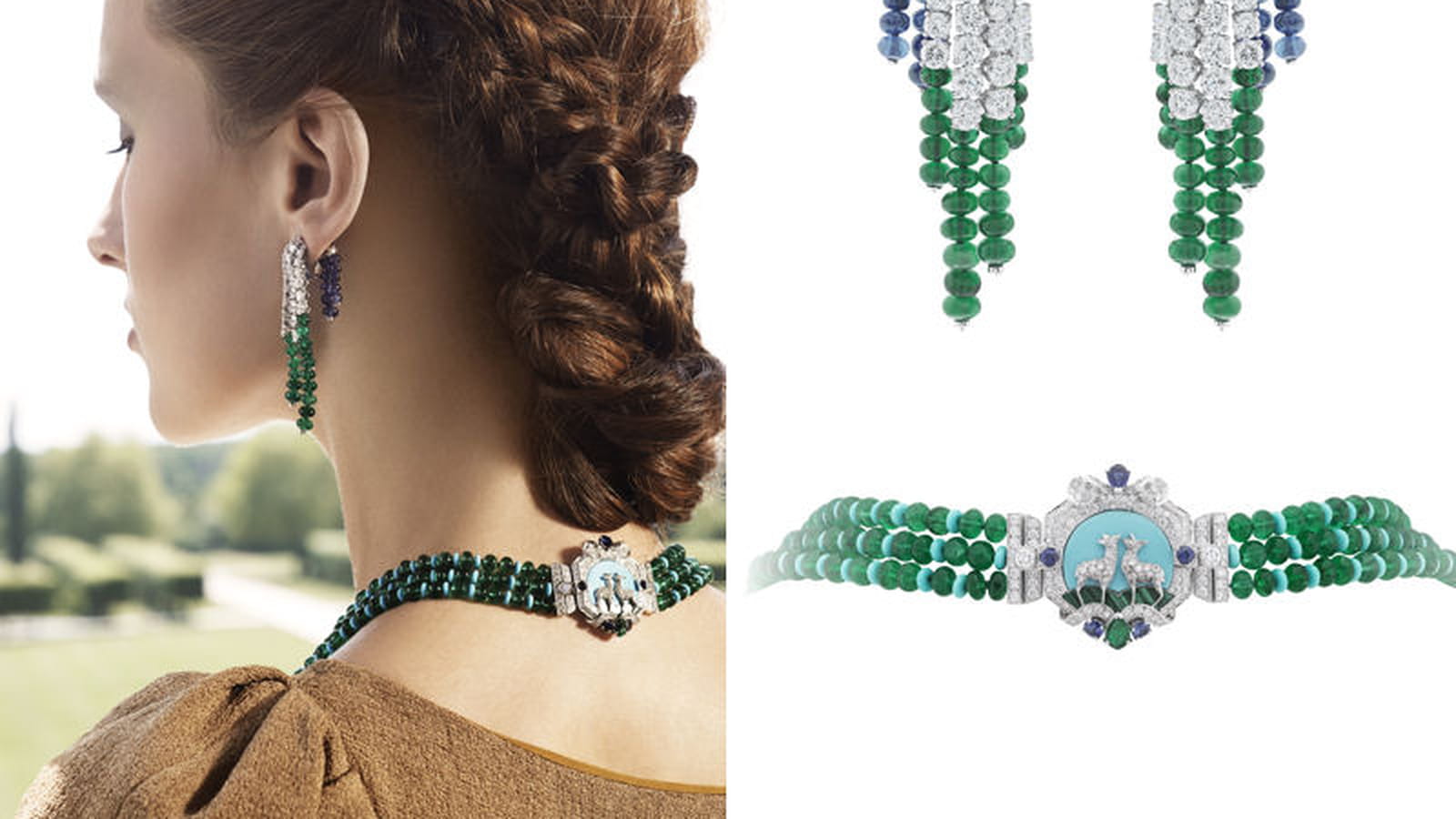 Le collier "Biches" et les motifs d'oreilles "Cascade précieuse"