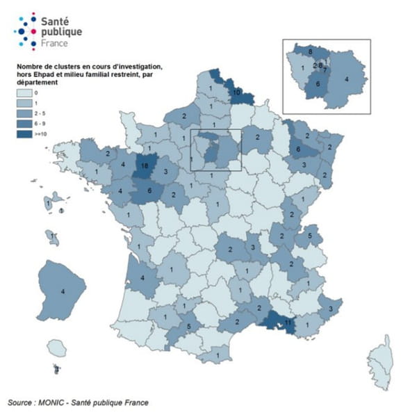 Répartition des clusters (hors Ehpad et milieu familial restreint) en cours d’investigation par département, inclus entre le 9 mai et le 04 août 2020