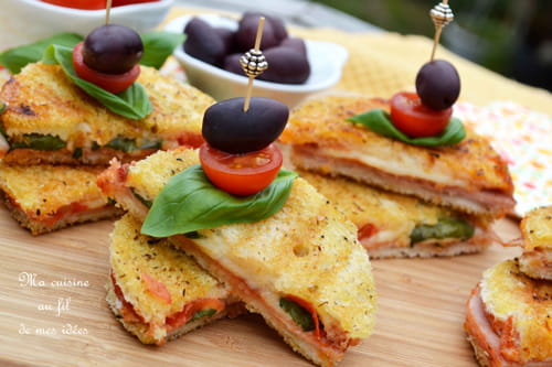 Croques apéritifs au jambon, mozzarella, tomates cerise, basilic et origan