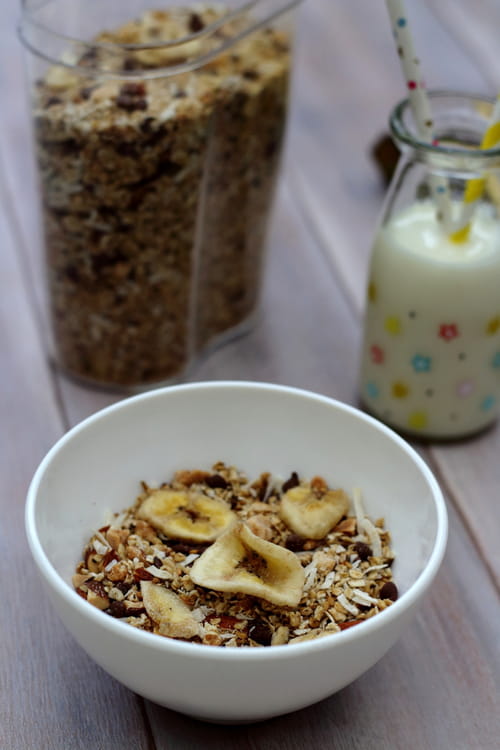 Muesli maison au chocolat, banane et noix de coco râpée