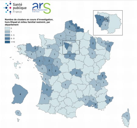 Nombre de clusters en cours d’investigation, hors Ehpad et milieu familial restreint, par département.