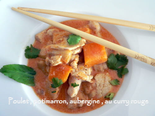 Poulet, potimarron et aubergine au curry rouge