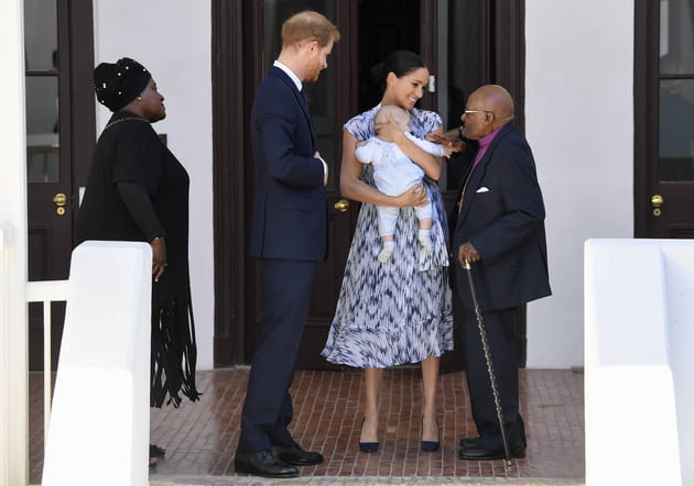 Prince Harry et Meghan Markle, accompagn&eacute; d'Archie, rencontrent l'archev&ecirc;que Desmond Tutu, 25&nbsp;septembre 2019.