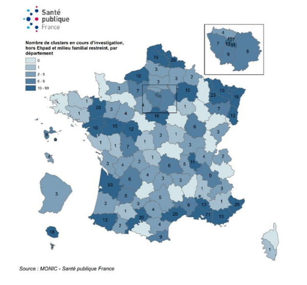 Clusters en cours d’investigation (hors Ehpad et milieu familial restreint) par département au 14 septembre 2020
