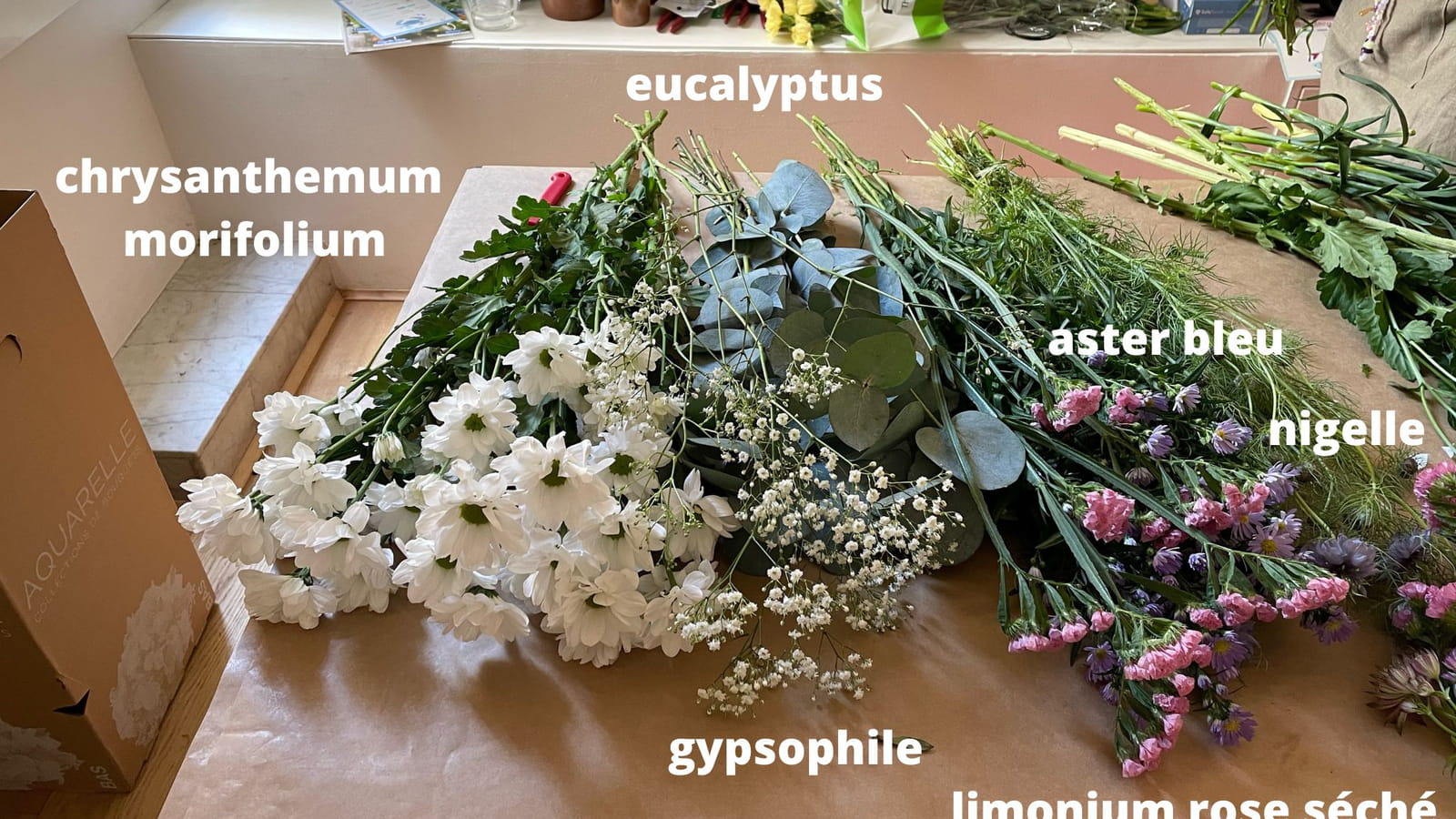 Fleurs, feuillage, matériel 
