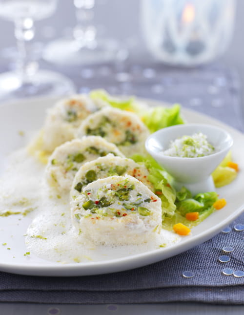 Boudin de poisson aux pistaches et à la Fleur de Sel de Guérande, écume de citron vert