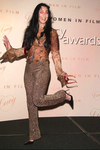 Cher en pantalon pailletté et top en mesh