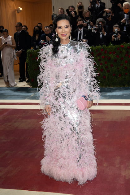 Wendi Deng dans une robe argent&eacute;e &agrave; plumes roses