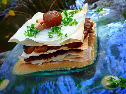 Mille-feuilles de joues de porc braisées et châtaignes