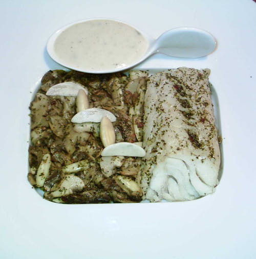 Cabillaud, champignons en persillade aux amandes