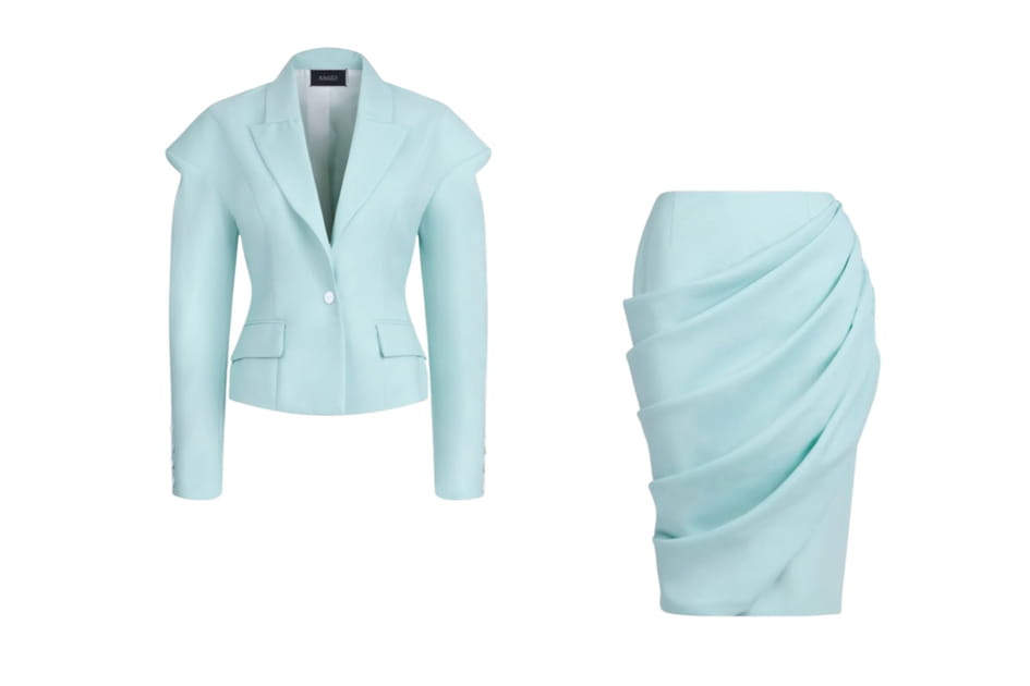 Ensemble blazer court &agrave; &eacute;paules tombantes et jupe crayon, Sagio